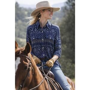 Roper Women's L Blue Aztec Geometric Western Boho Top